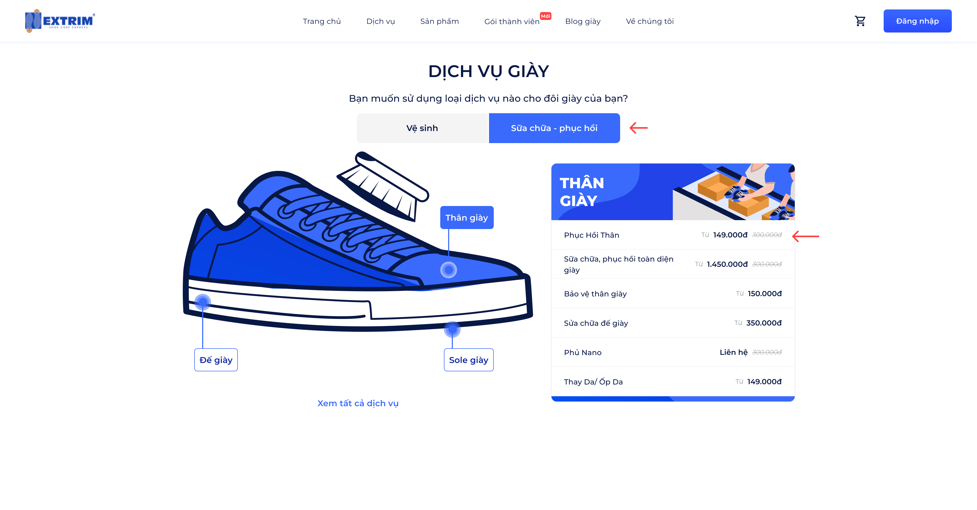 Chọn phương án vệ sinh hoặc sữa chữa - phục hồi, sau đó chọn dịch vụ bạn muốn áp dụng cho giày.