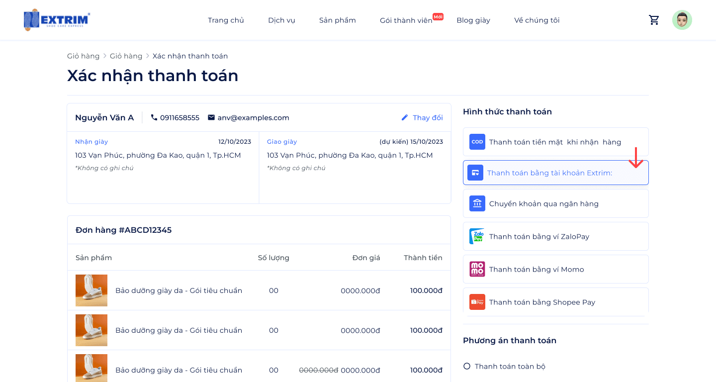 Chọn Hình thức thanh toán<br />"Thanh toán qua tài khoản EXTRIM"