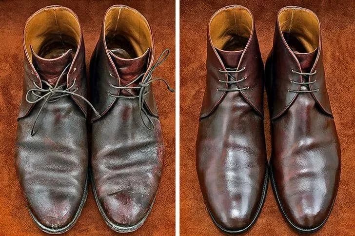 Giày da khô nhăn và sau khi được dưỡng ẩm, đánh bóng trở lại