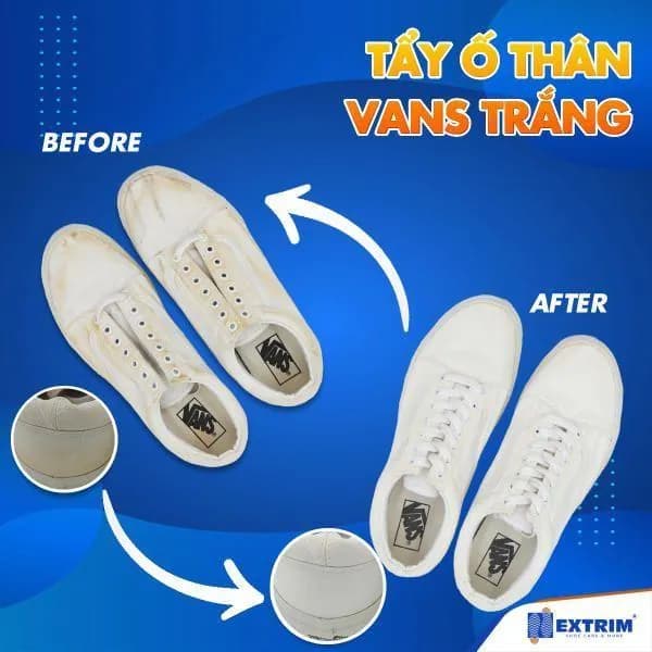 Thân Vans trắng ố vàng trước và sau khi được tẩy ố chuyên sâu