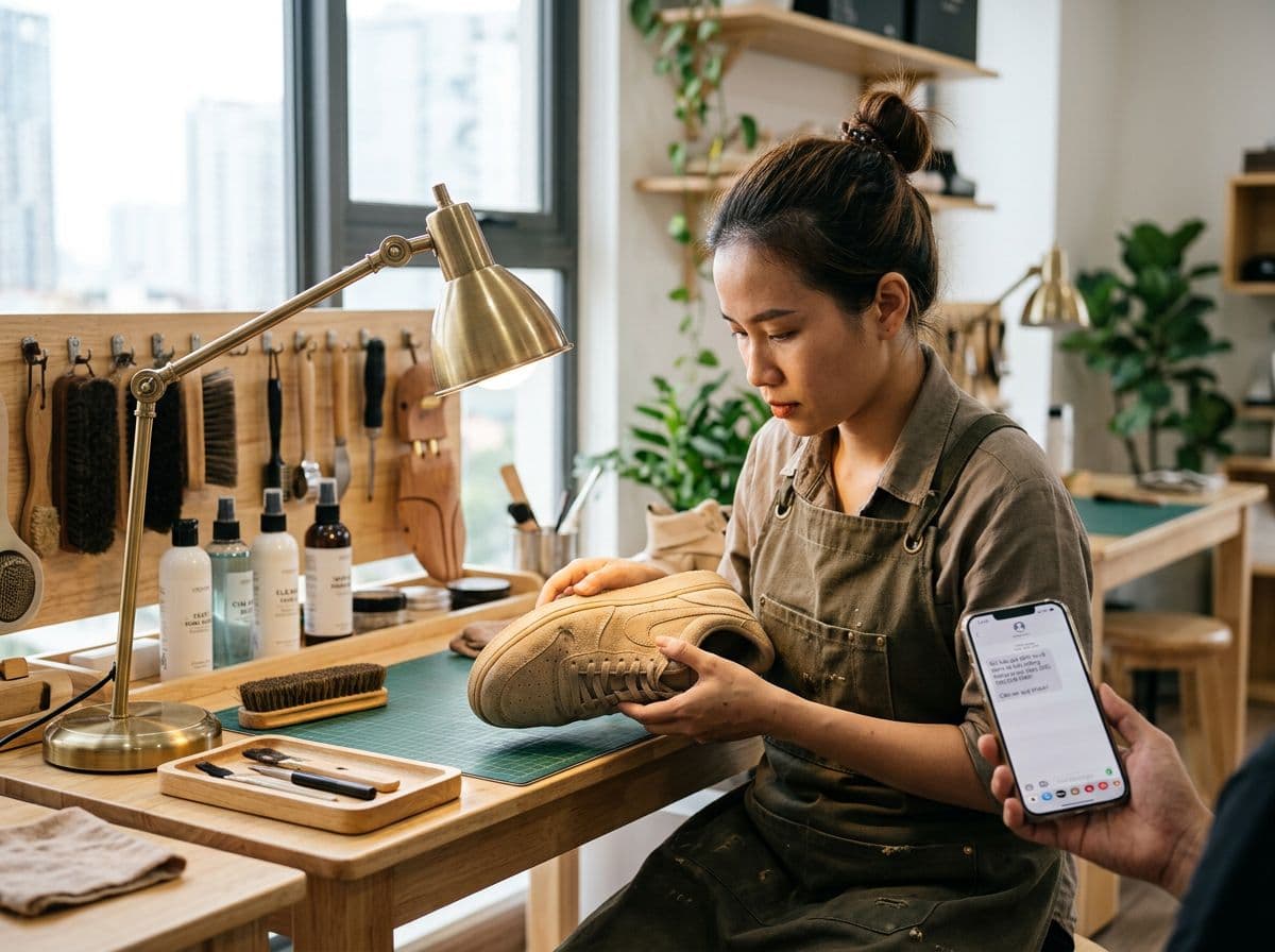 Kỹ thuật viên kiểm tra giày và báo giá trước khi làm