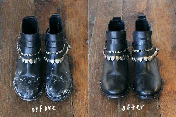 Scuffed leather boots before and after surface restoration