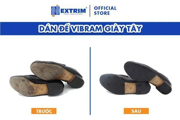 Dress shoe soles before and after a Vibram sole added at EXTRIM