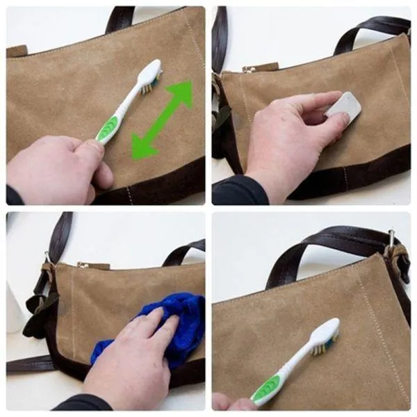 Dry brushing a suede bag in one direction with a suede brush