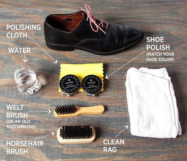 Shoe shining kit laid out: polish, cloths, bristle brushes and water